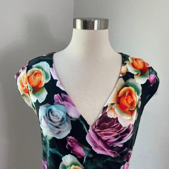 Artelier Nicole Miller Womens 10 Knit Floral Ruched Cap Sleeve Bodycon Dress - Picture 2 of 9